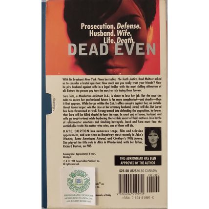DEAD EVEN ABRIDGED AUDIOBOOK on CASSETTE by BRAD MELTZER read by KATE BURTON