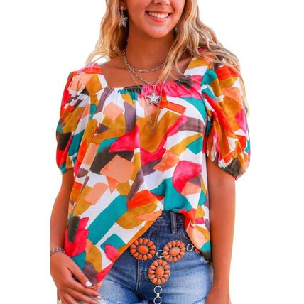 Multicolor Square Neck Abstract Print Short Sleeve Blouse