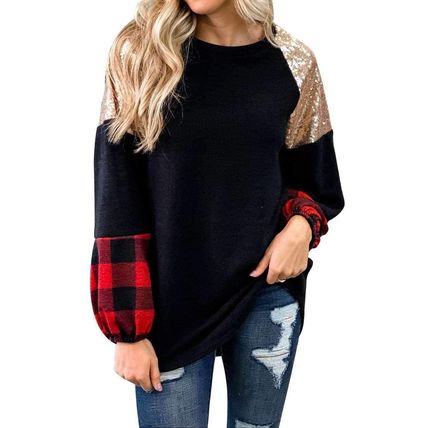 Crewneck Lantern Sleeve Plaid Sequin Splicing Pullover Sweatshirt
