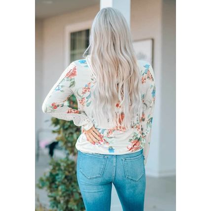 Apricot Floral Print Lace Contrast Long Sleeve Hoodie
