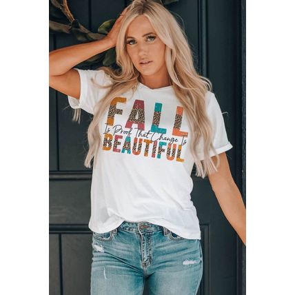 White FALL BEAUTIFUL Leopard Print Short Sleeve T Shirt