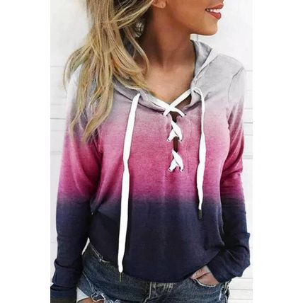 Pink Gradient Lace Up Long Sleeve Pullover Hoodie