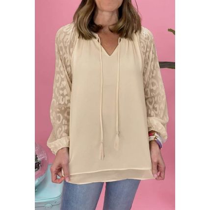 Leopard Mesh Bubble Sleeve Split Neck Blouse