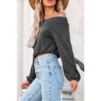 Gray Ribbed Knit Off-Shoulder Balloon Sleeve Top