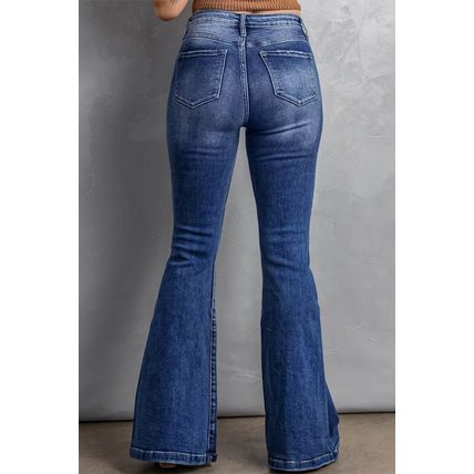 Dark Blue Plus Size Stitching Washed Flare Jeans