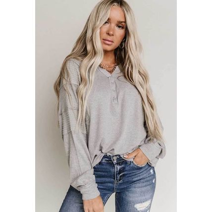 Gray Waffle Patchwork Dolman Sleeve Henley Top