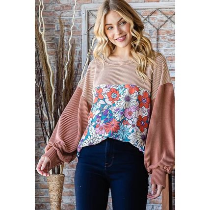 Printed Floral Contrast Colorblock Ribbed Top