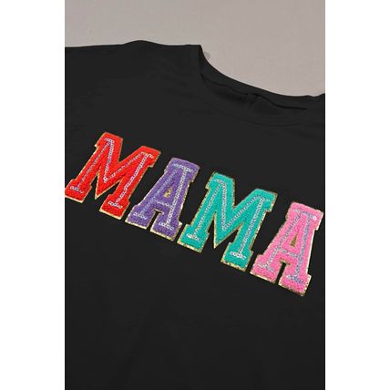 Black MAMA Chenille Patched Crew Neck T Shirt