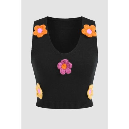 Black 3D Flower Decor Cropped Sweater Vest