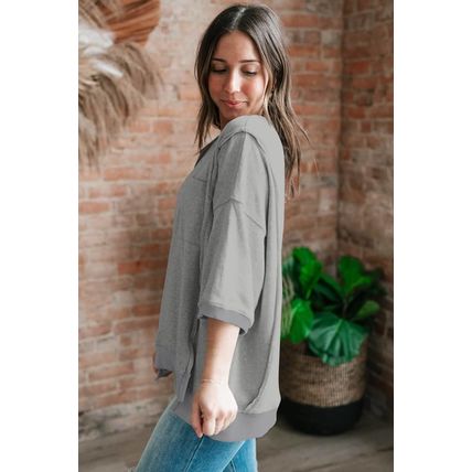Light Grey Exposed Seam Chest Pocket Split Loose T Shirt
