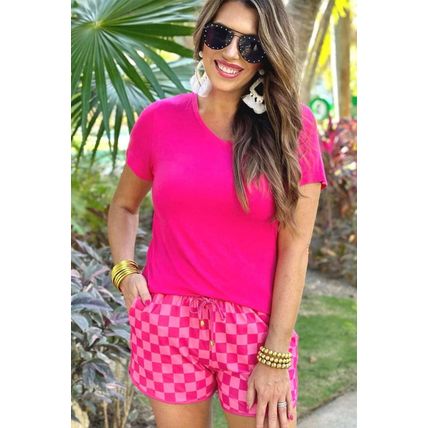 Rose Checkered Drawstring Elastic Waist Casual Shorts
