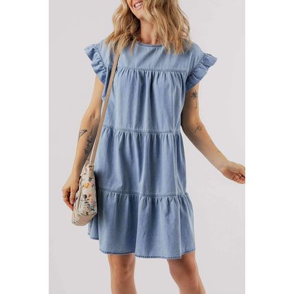 Beau Blue Ruffle Short Sleeve Tiered A-line Denim Dress