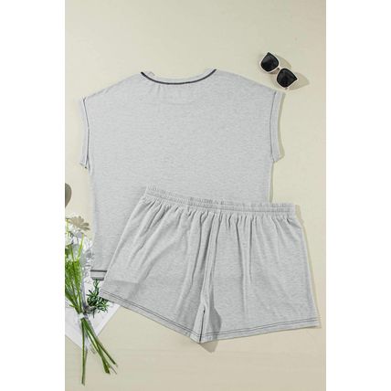 Gray Contrast Stitching Cuffed Sleeve Plus Shorts Set