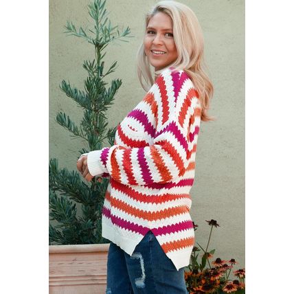 Pink Stripe V Neck Drop Shoulder Plus Size Sweater