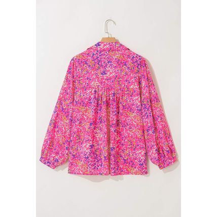 Purple Plus Size Floral Print Puff Sleeve V Neck Blouse