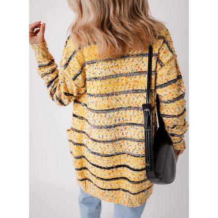 Beige Striped Pom Pom Knit Open Front Long Cardigan