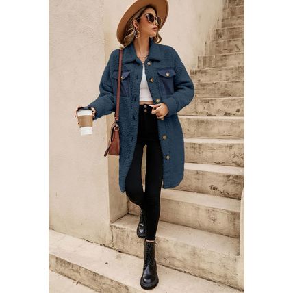Blue Contrast Flap Pocket Single Breasted Teddy Coat