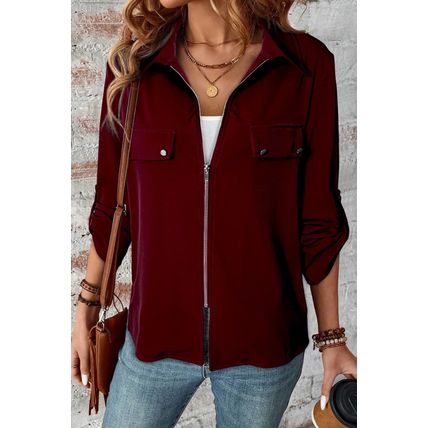 Red Dahlia Collar Tab Sleeve Zip Up Flap Detail Jacket
