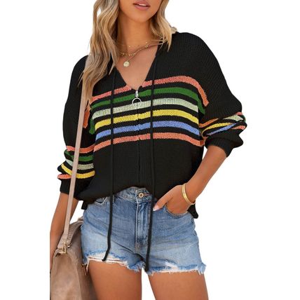 Black Striped Detail Zip Up Hooded Sweater Cardigan