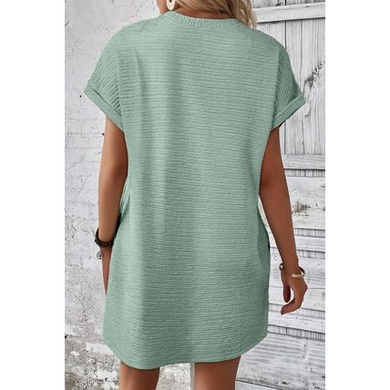 Grass Green Solid Color Textured Crinkle Short Sleeve T Shirt Dress