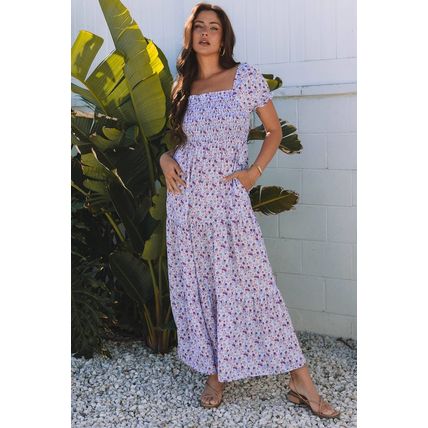 Purple Floral Short Bubble Sleeve Shirred High Waist Maxi Dress