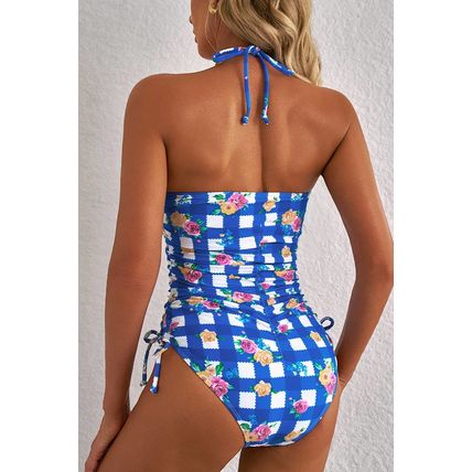 Blue Folk Gingham Halter Ruched Bodice Drawstring Ties One Piece Swimwear