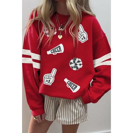Fiery Red Cheer for Game Day Sequin Patched Oversize Varsity Sweatshirt