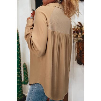 Light French Beige Waffle Patchwork Button Up Frayed Hem Shirt