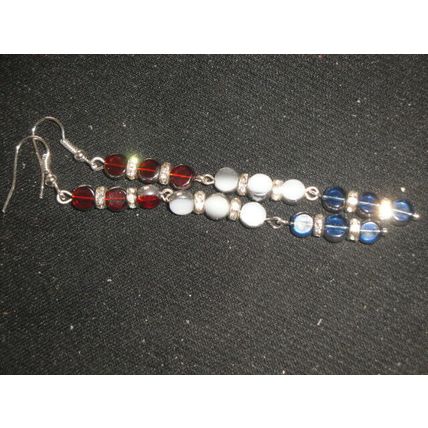 Delicat small silver dipped red white & blue round glass bead long drop earrings