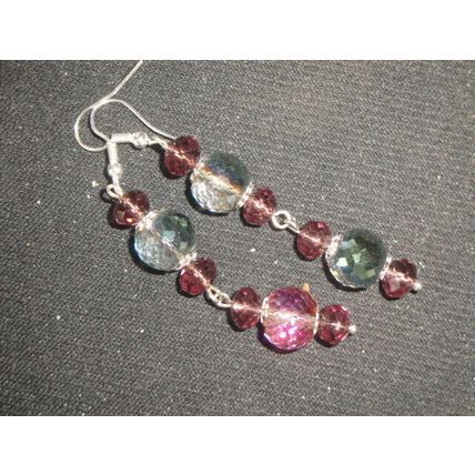Extraordinary large purple green dichroic crystal glass long drop earrings