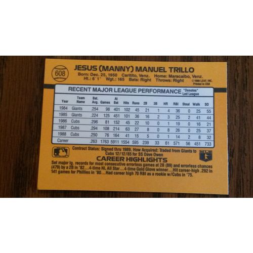 1989 Donrus Card # 608 Manny Trillo Excellent (5) Chicago Cubs