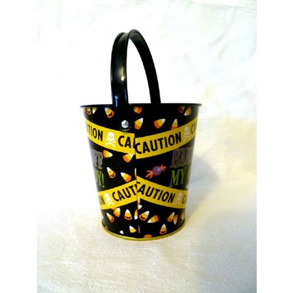 12 SMALL HANDS OFF MY CANDY CAUTION TAPE HALLOWEEN METAL TREAT BUCKETS