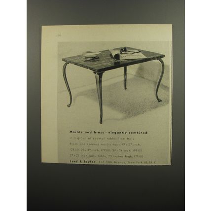 1953 Lord & Taylor Cocktail Tables Ad - Marble and brass - elegantly combined