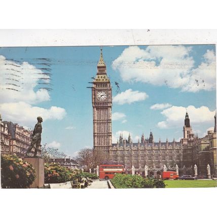 Parliament Square London Postcard posted 1976 creased + print on face