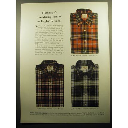 1958 Hathaway Shirts Ad - Hathaway's thundering tartans in English Viyella