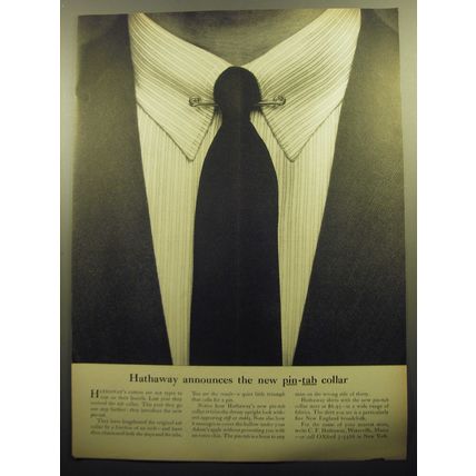 1958 Hathaway Shirts Ad - Hathaway announces the new pin-tab collar