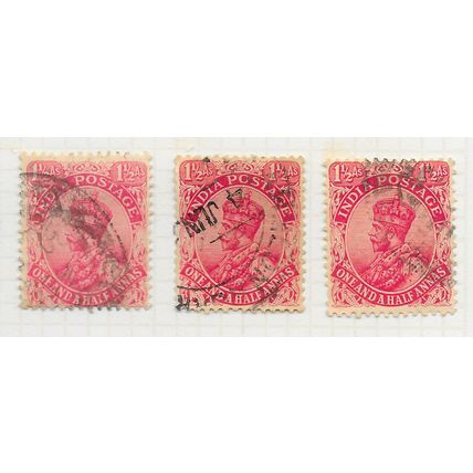 INDIA 1922 ONE AND A HALF ANNAS ROSE SHADES TYPE B 3 STAMP LOT SG198 198 SG