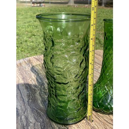 VTG Emerald Green Glass Vase Set- Quilted Diamond Pattern #4095 & Crinkle Glass