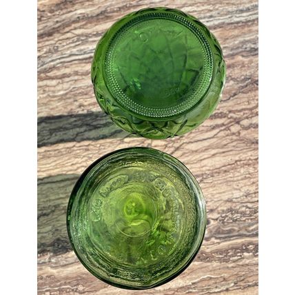 VTG Emerald Green Glass Vase Set- Quilted Diamond Pattern #4095 & Crinkle Glass