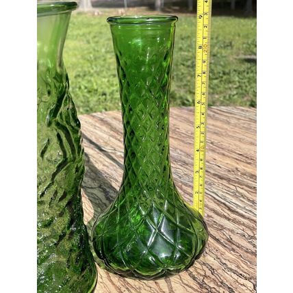 VTG Emerald Green Glass Vase Set- Quilted Diamond Pattern #4095 & Crinkle Glass