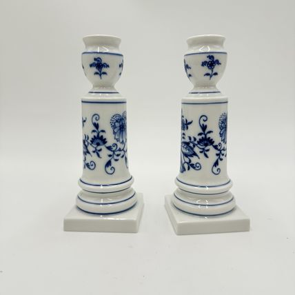Antique Meissen Porcelain Blue Onion Candle Holder 6” Pair Germany Hand Painted