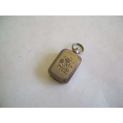Antique Fob Snuff Box Watch Chain Tablet Pill Engraved Pocket White Metal Case