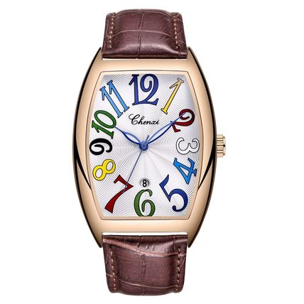 Gents Large Face Coloured Numbers Date Brown Genuine Leather Strap Watch