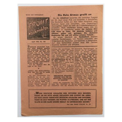 Original WW2 Russian/Soviet Air Drop Propaganda Leaflet. - Code 1278. - 1942.