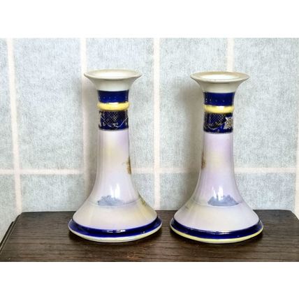 Pair of Candle Stick Holders, Noritake China, 1930s Japanese Porcelain Swan Lake