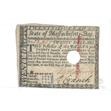 1780 Massachusetts $20.00 Colonial XF Cancelled
