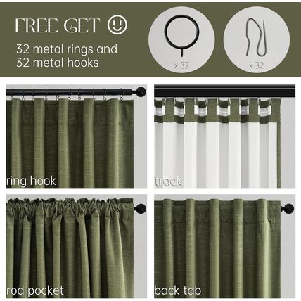 Dark Olive Green Blackout Curtains 96 Inch Long 2 Panels Set with Hook,Back Tab