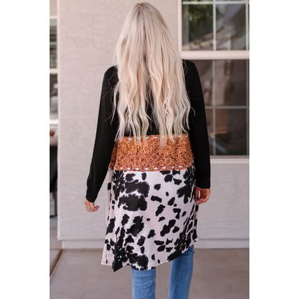 Black Western Pattern Cow Patchwork Open Front Cardigan