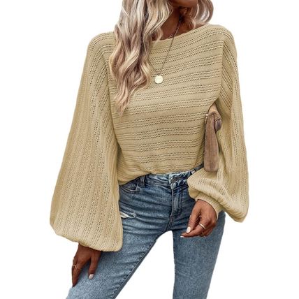 Apricot Lantern Sleeve Eyelets Textured Knit Sweater