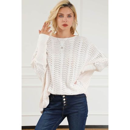 Beige Ribbed Hollow Knit Dolman Sleeve Sweater